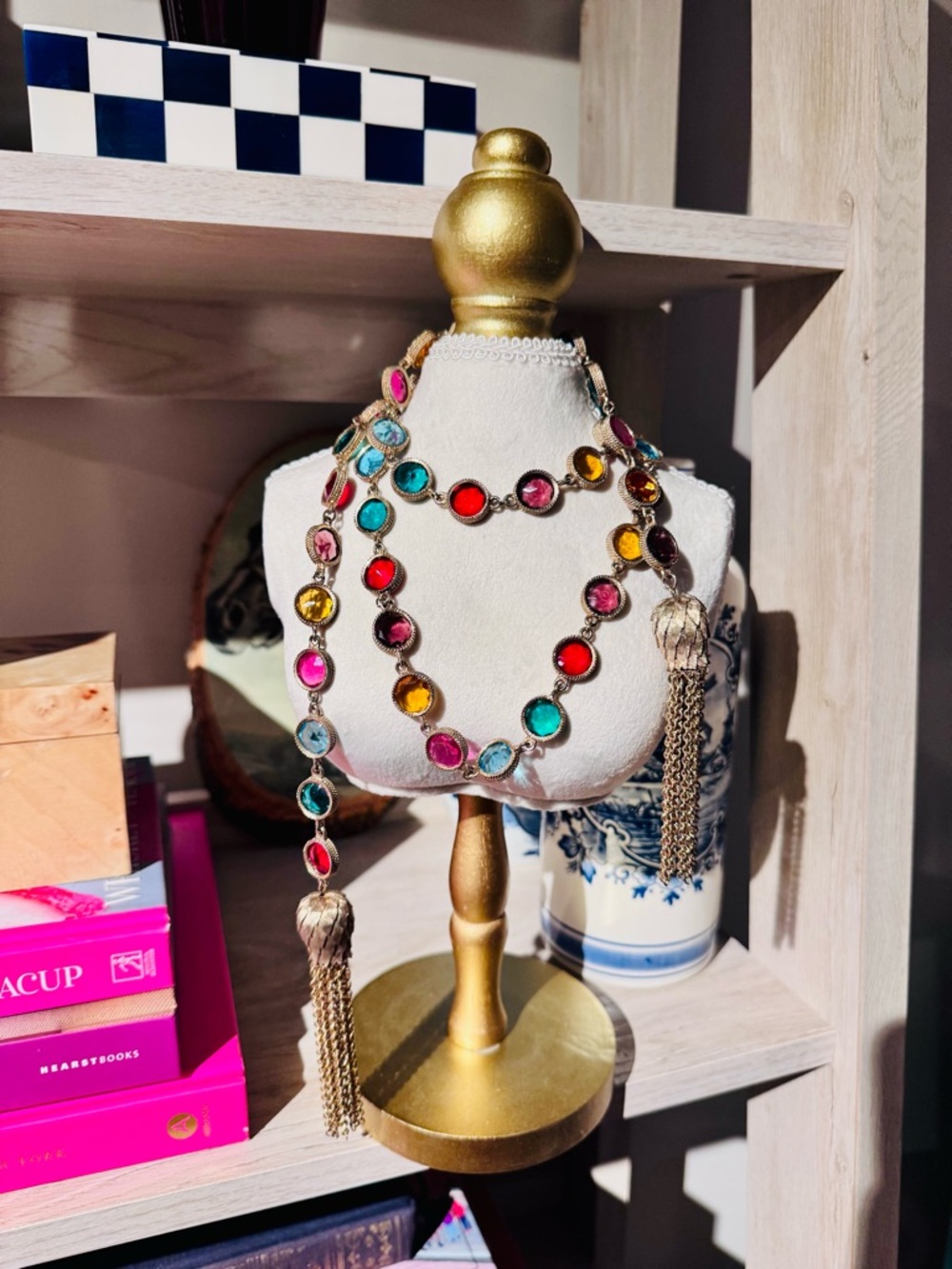 Vintage Gold-Tone Multicolor Glass Beaded Gem Besel Tassel Necklace